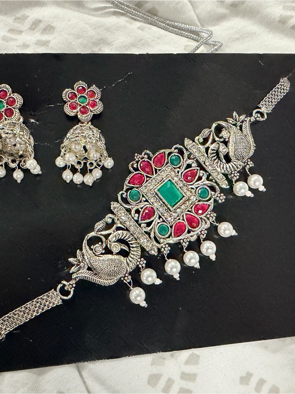 Silver-Tone Kundan Choker Necklace with Red and Green Stones